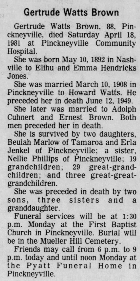 Obituary for Gertrude Watts Brown, 1892-1981 (Aged 88)